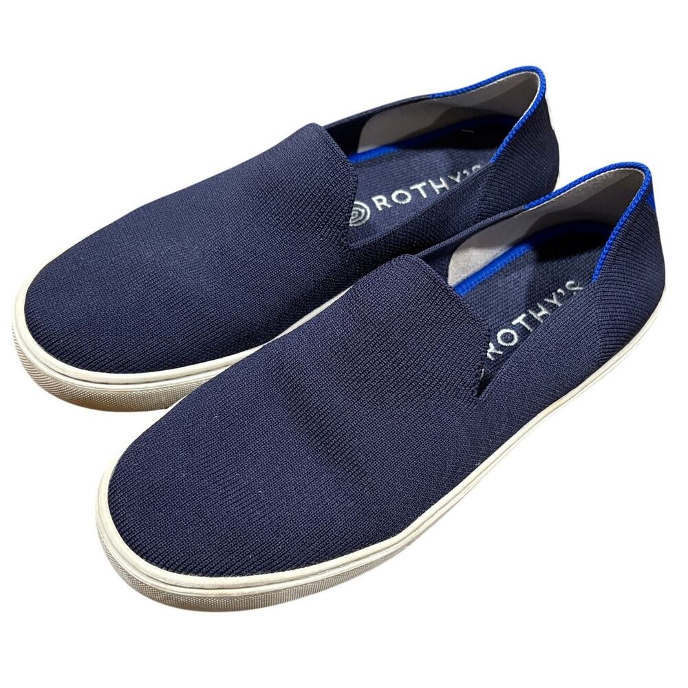 Rothy's Womens 7.5 The Sneaker Slip On Shoe Navy Blue Heel Stripe Washable